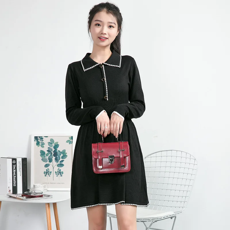 

2019 Autumn New Style Korean-style Retro Polo Collar Loose-Fit Literature And Art Underwear Long Jersey Dress WOMEN'S Dress