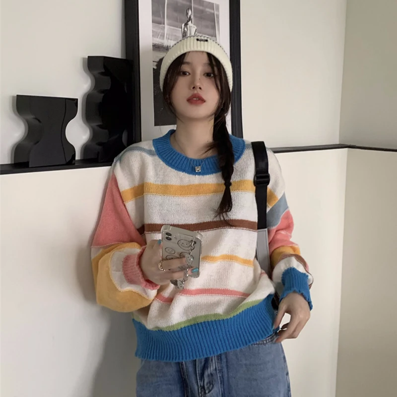 

Women's Sweaters Japanese Kawaii Ulzzang Vintage Casual Loose Ins Striped Sweater Female Korean Harajuku Cute Clothing For Women