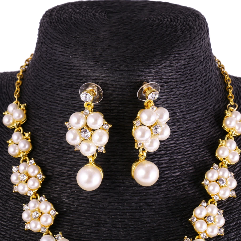 Rhinestone Pearl Floral Necklace Earrings Set Wedding Bridal Jewelry