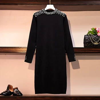 

Large Size Black Women Autumn Winter Pearl Beading Sweater Dress Woman Vintage Nail Bead Knitted Dresses Casual Loose Vestidos