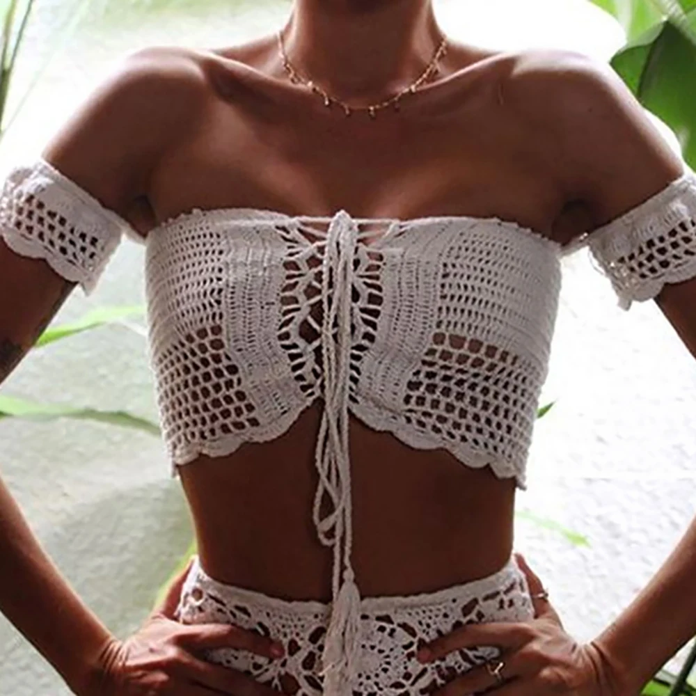 

White Knitted Bikini Top For Women's Crochet Sexy Hollow-Out Tassel Tube Top Summer Beach Casual Lace Up Swimsuit