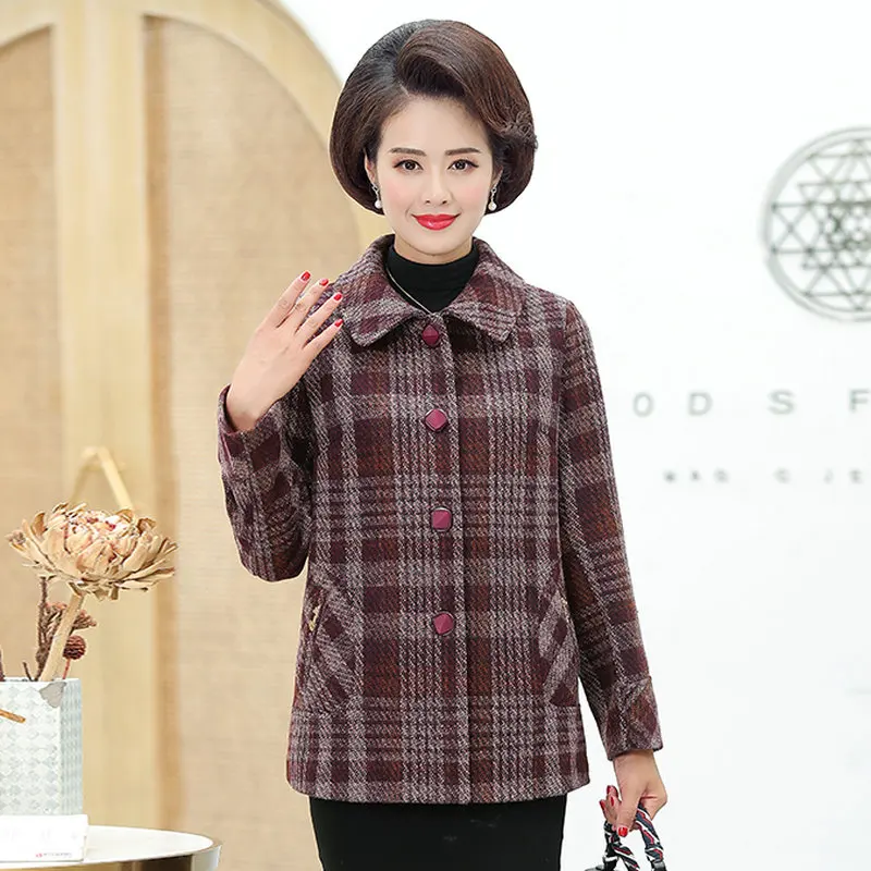 

Spring Women Elegant Plaid Coat Red Brown Grid Pattern Single Breasted Outerwear Middle Aged Women Jackets Outfits Side Pockets