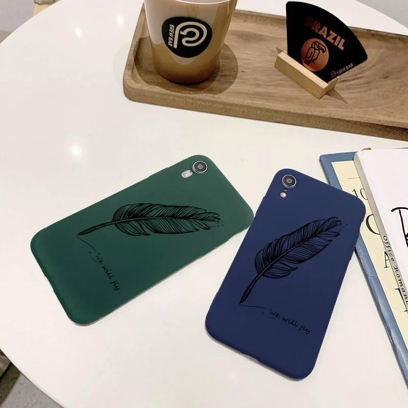 

Candy Color Phone Case Coque For iPhone xr 7 8 6 6S Plus x XS MAX 5 5S Luxury Feather Pen Phone Cover For iPhone 8 7 Plus