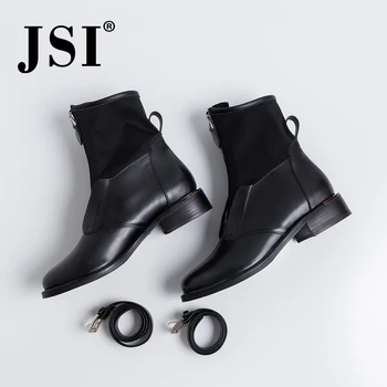 

JSI Women Boots Mid-Calf Round Toe Buckle Strap Genuine Leather Ladies Shoes Solid Square Heel Med Heels Basic Women Boots jo367