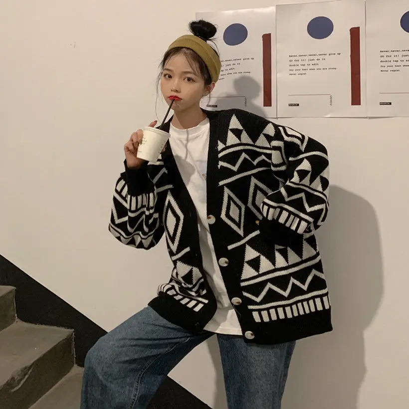 

Sweaters Cardigan Coat Female Korean Style Loose Student Autumn Wild Mid-Length Fashion Ins All-Match College Style