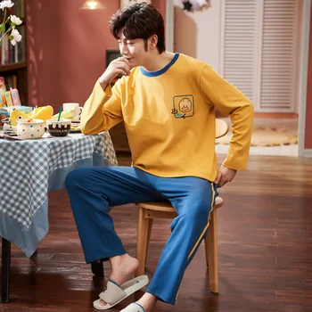 

Plus Size 3XL Men's Pajamas Homewear Autumn Cotton Pajamas Set with Pants Male Sleepwear Long Sleeve Cotton Home Clothes for Men