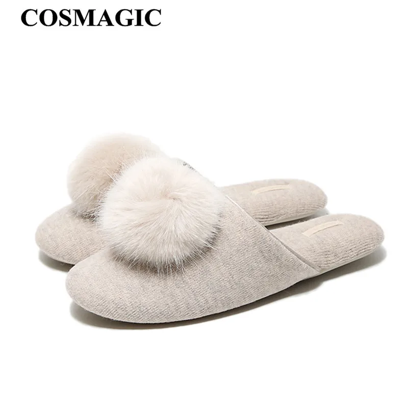 COSMAGIC/Новинка года; сезон осень; женские домашние тапочки с меховым шариком; мягкие домашние тапочки; одноцветные милые шлёпки с закрытыми пальцами