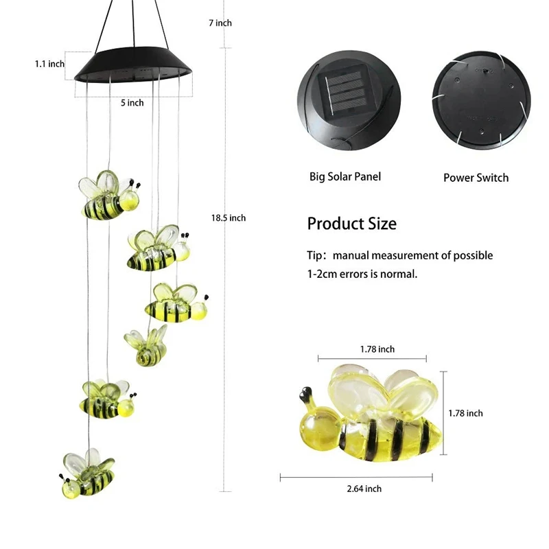 Солнечный пчелиный ветряной колокольчик, изменяющий цвет, вращающийся ветряной колокольчик, водонепроницаемый автоматический светильник с датчиком, наружный Декор для дома, вечерние