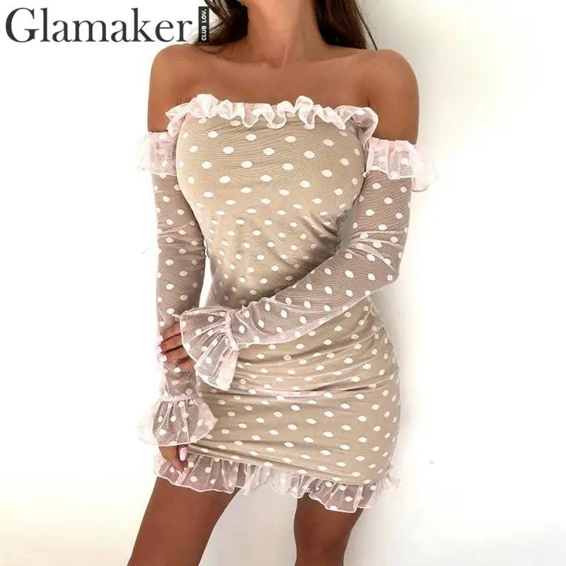 Glamaker, с открытыми плечами, сеточка, платье в горошек, женское, с длинным рукавом, в стиле пэчворк, с рюшами, облегающее мини-платье, женское, Осень-зима, сексуальное платье