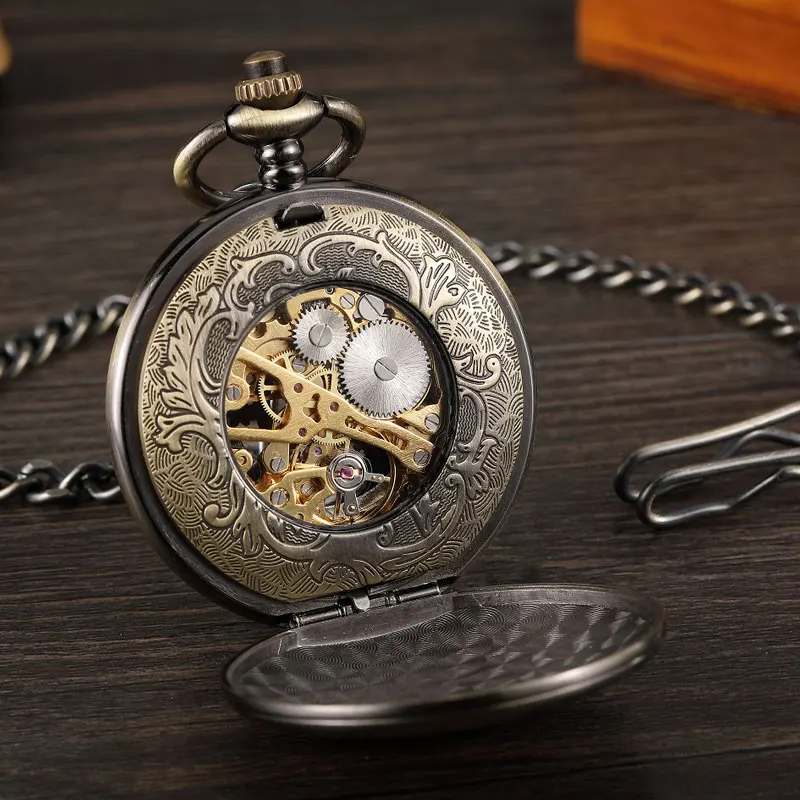Bronze Boat Rudder Mechanical Pocket Watches for Men Hollow Steampunk Skeleton Pocket Watches Male Gifts Reloj De Bolsillo