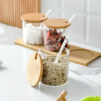 

Transparent Glass Spice Racks Small Bamboo Seasoning Jar Box Set Household Condiment Containers for Kitchen Utensils