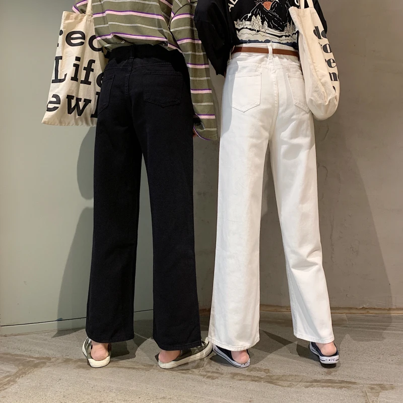 Женские джинсы с высокой талией, корейский стиль, Harajuku, джинсовые, одноцветные, с карманами, прямые, для студентов, белые, черные, подходят ко всему, длинные, для женщин, s