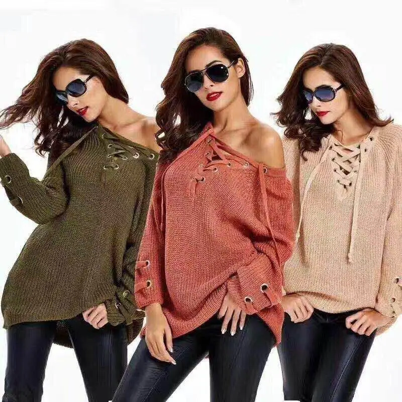 

European and American Style Female Feeling Chest Cross Banded Loose Pine long V-necLk Long-sleeved Sweater Sweater Pullover