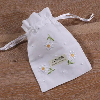 

B017：1piece White Ramie Cotton embroidery Hand drawnwork Gift Sachet bags Travel storage pouch Drawstring bags