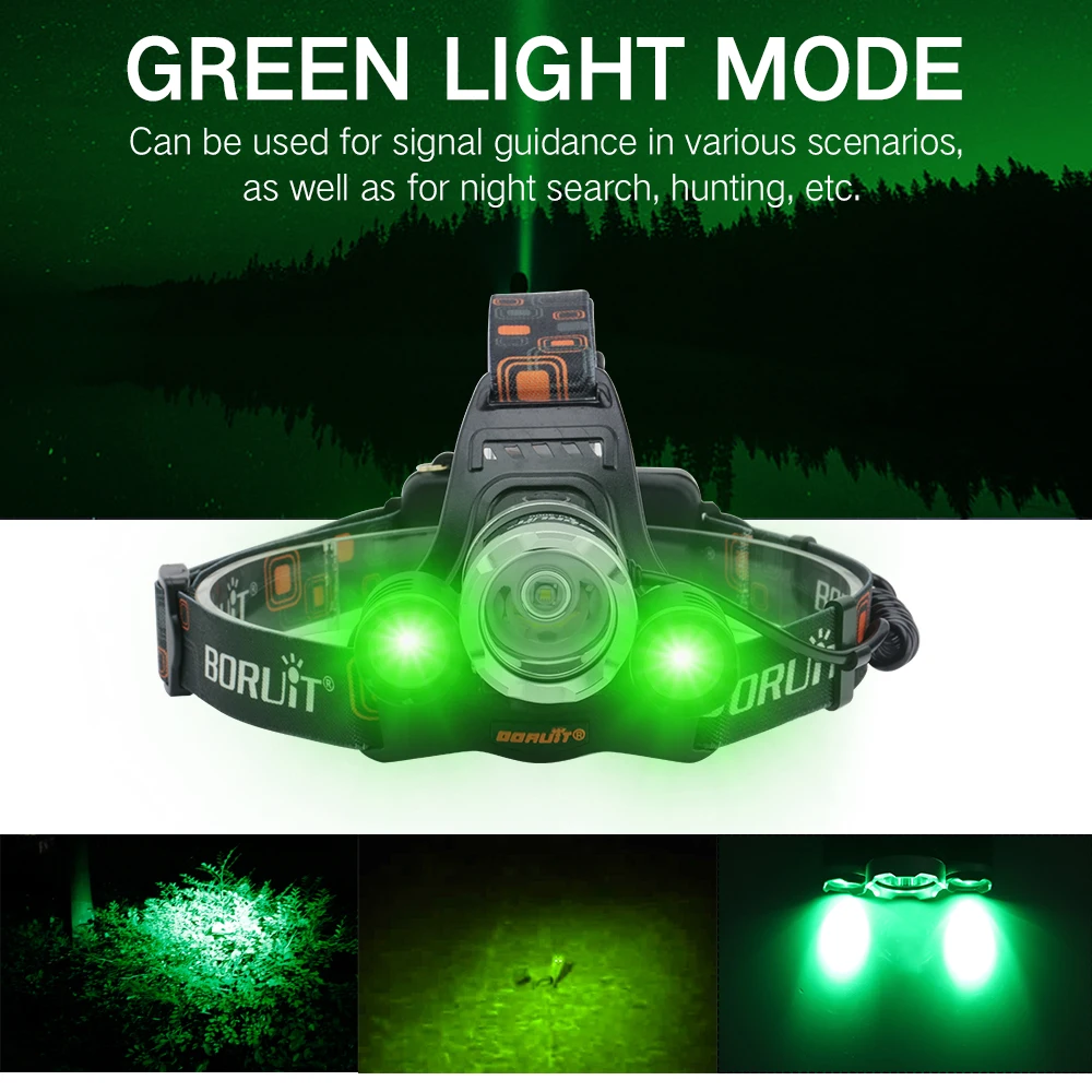 PANYZ LED Headlamp 6000LM XM-T6+2*XPE Green Headlight Torch 3-Mode USB Charger Violet Head Out Door Searching FISHING | Лампы и