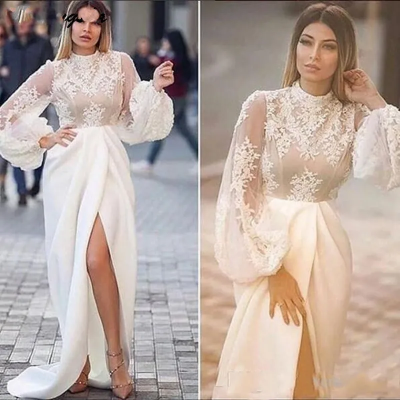 Cinderella-High-Neck-Long-Sleeeves-Side-Slit-Lace-Applique-Evening-Dresses-Mate-Silk-Satin-A-Line