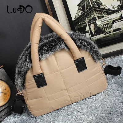 LUCDO Brand Luxury Handbag New Winter Woman Warm Space Cotton Shell Bags Designer Rabbit Fur Bag Ladies Jacket Shoulder Bag