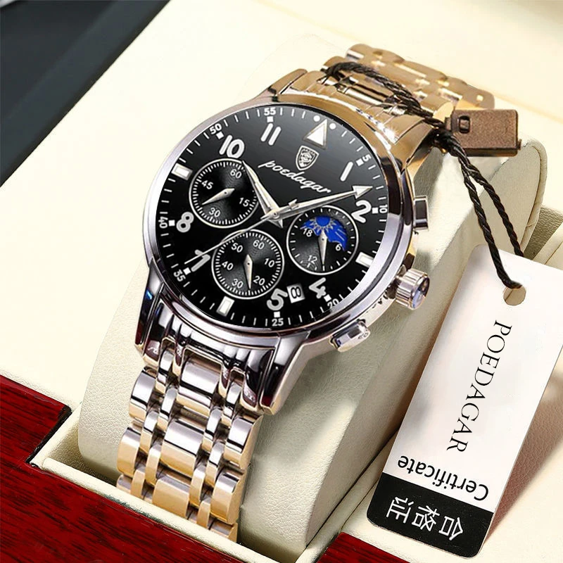 POEDAGAR Men Watches 2021 New Fashion Leather Waterproof Luminous Top Brand Luxury Mens Quartz