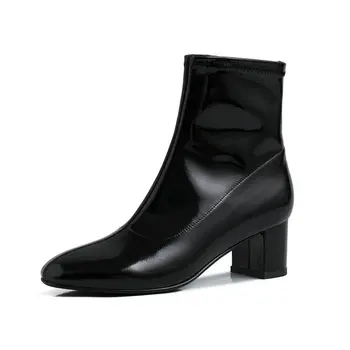 

2020 New Women Basic Boots Genuine Leather Autumn Winter Ladies Shoes Square High Heels Party Dancing Shoes Woman Boots