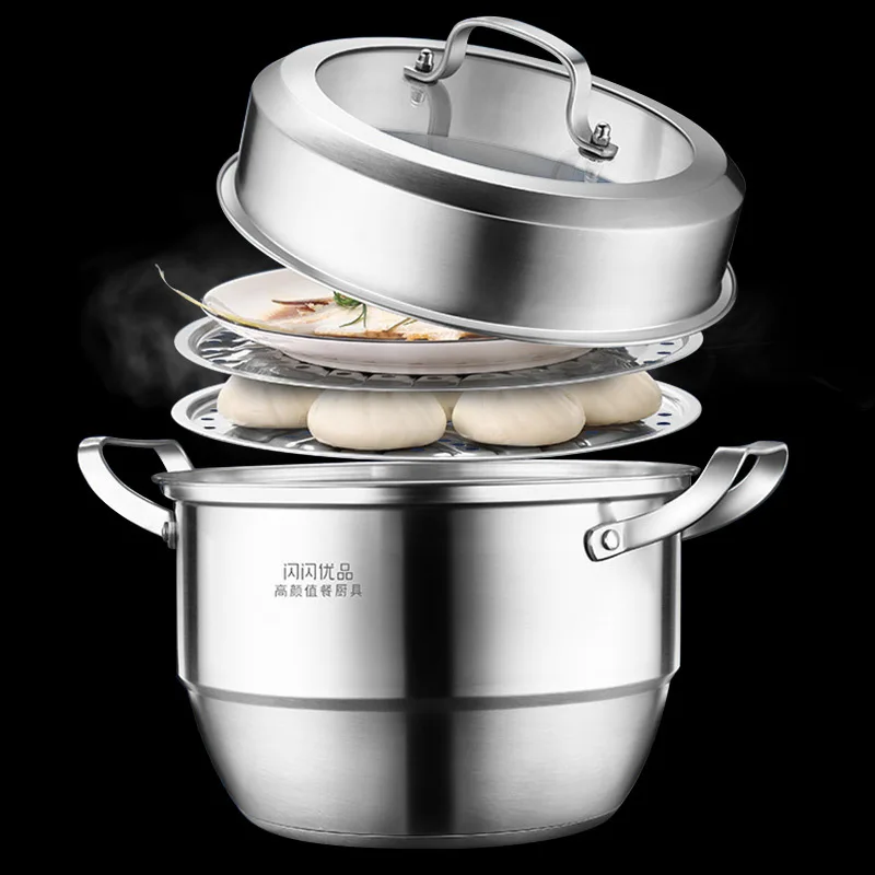 

Stainless Steel Cooking pot High quality Multilayer cookware set kitchen pots General Gas Induction Cooker Bamboo steamer hotpot