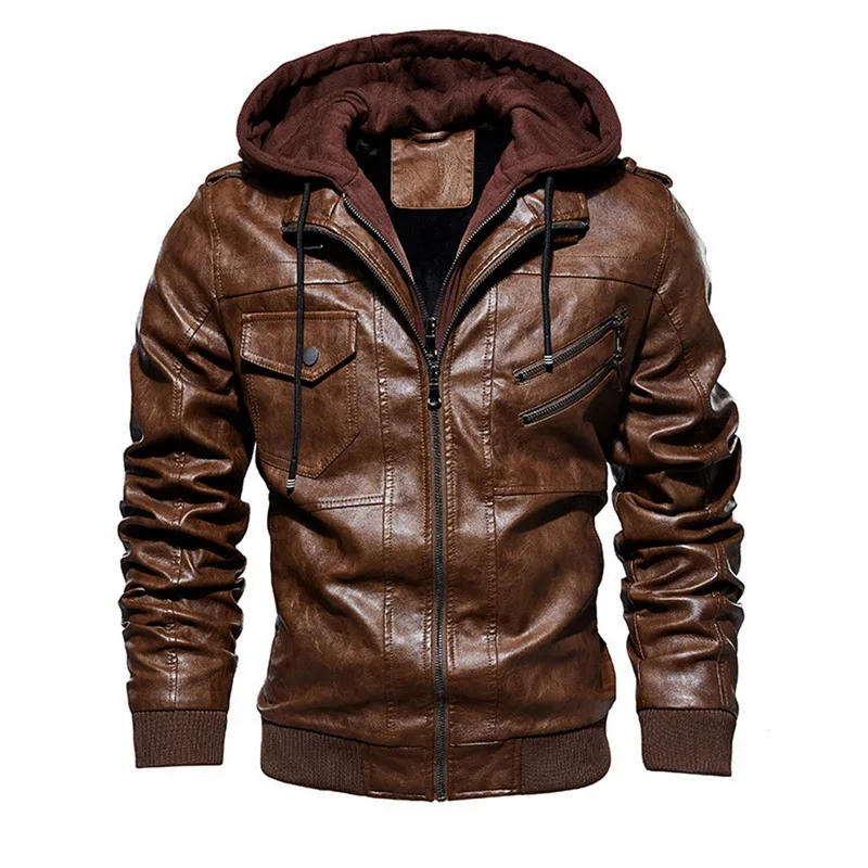 Модные Куртки из искусственной кожи для мужчин; сезон осень-зима; теплая ветровка с капюшоном; мотоциклетная кожаная куртка; мужская бейсбольная куртка на молнии с карманами; верхняя одежда - Цвет: Coffee