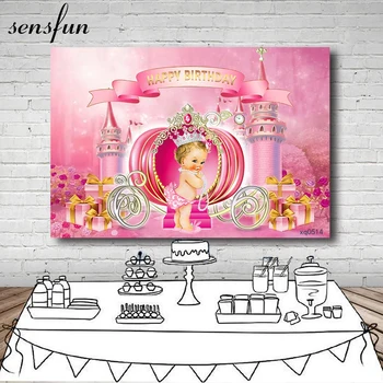 

Sensfun Girls Baby Shower Neborn Party Backdrops Pink Castle Carriage Gift 1st Birthday Party Photography Backgrounds Custom