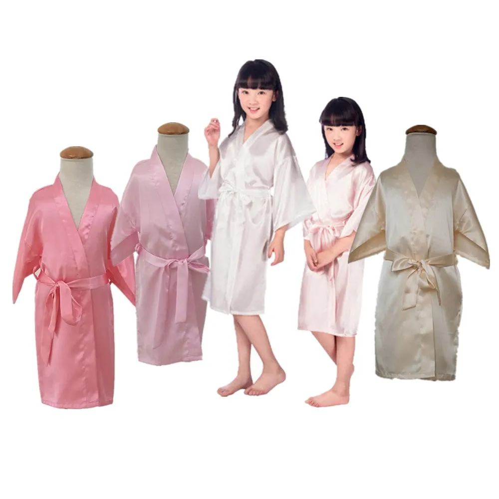 Wholesale Girls Satin Silk Robes Solid Kimono Wedding Birthday Party Spa Dressing Gown Bathrobes Bridal Sleepwear Kids Robes D2
