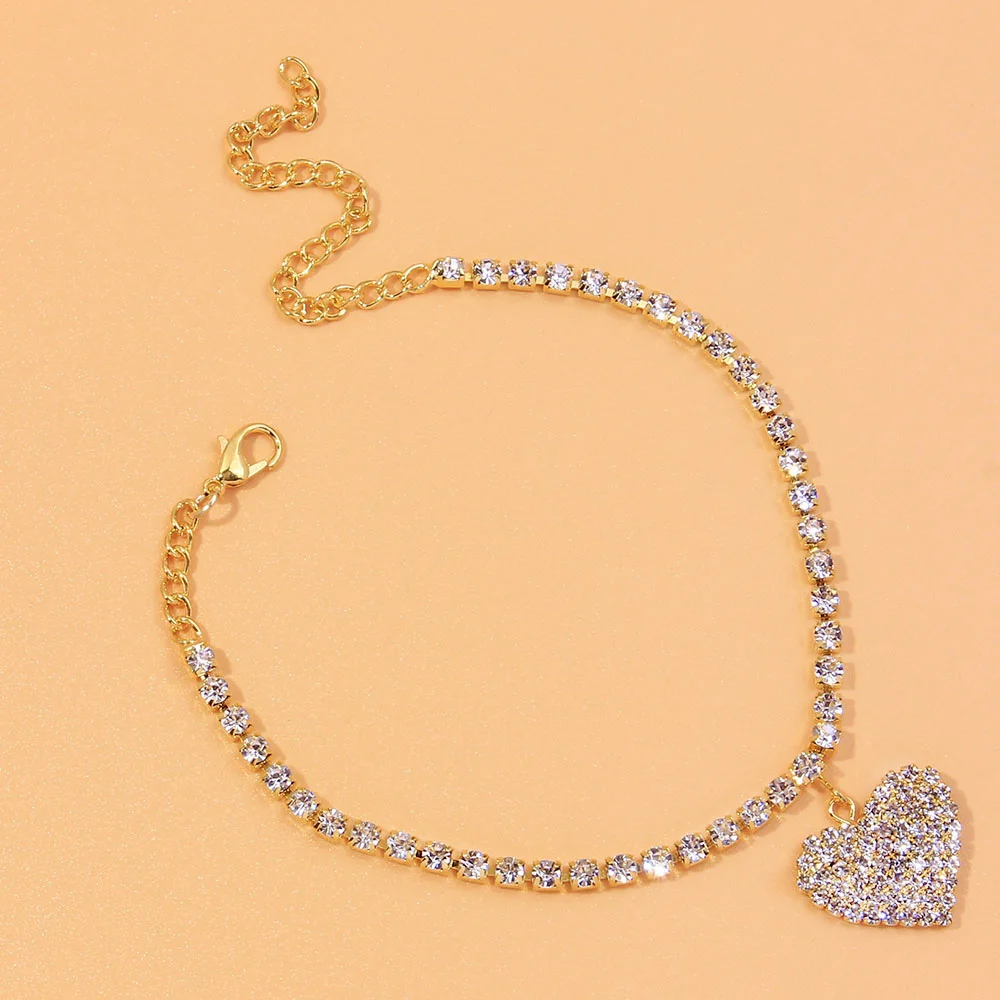 Stonefans Fashion Heart Rhinestone Anklets Jewelry for Women Beach Barefoot Love Pendant Anklet Bracelet Leg Chain