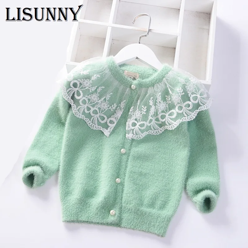

2019 Autumn Winter warm Girls Sweater Baby Princess mink velvet knit Cardigan jacket Lace Kids Clothes Children Clothing 2-8y