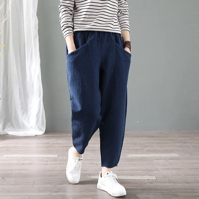 

Cotton Women Trousers 2019 Big Size Autumn Spring Vintage Harem Pants Elastic Waist Casual Baggy Pants Solid Color YoYiKamomo