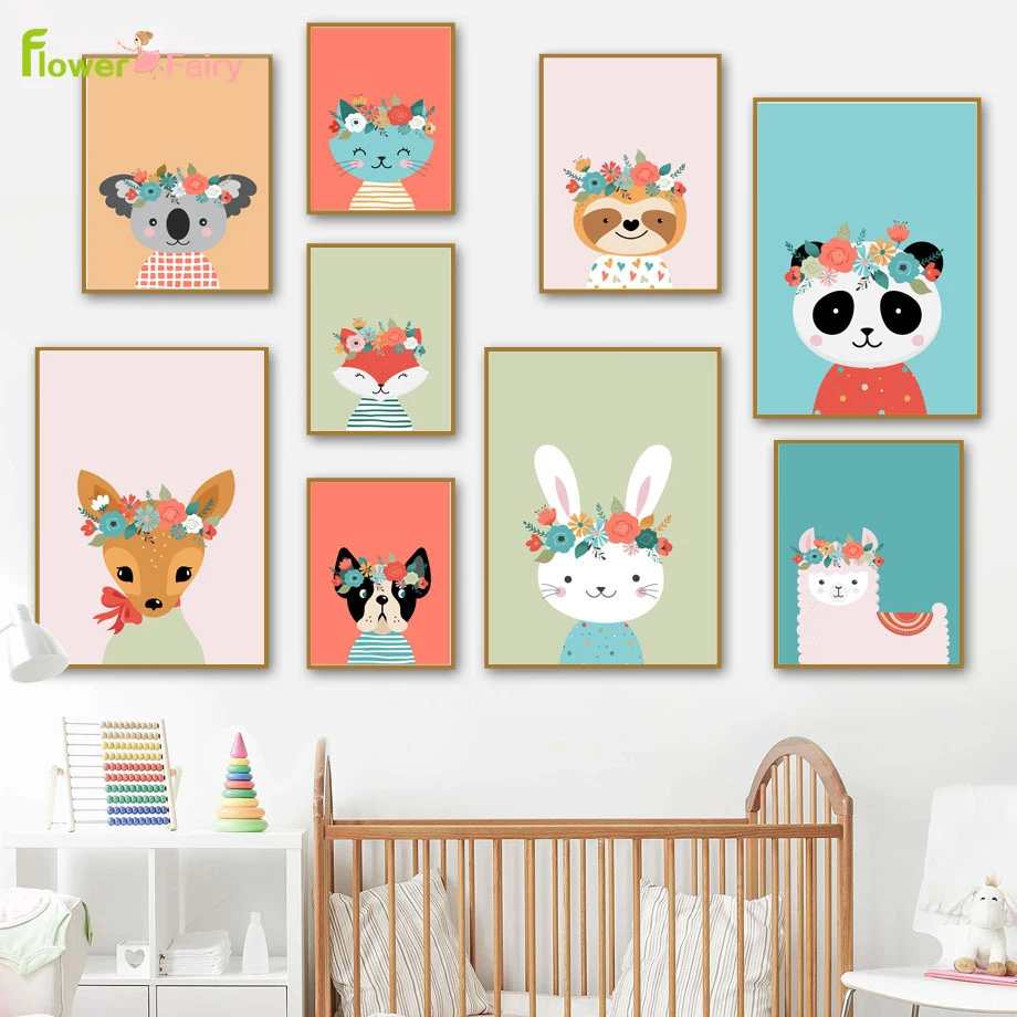 

Cartoon Rabbit Fox Flowers Animals Wall Art Canvas Painting Baby Room Cat Nordic Poster Wall Pictures For Living Room Unframed