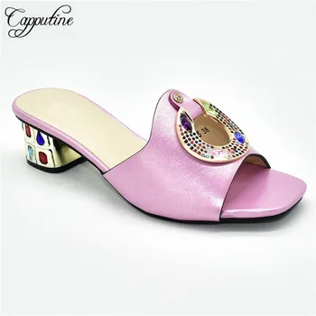 

Nice pink with stones design African heel slippers shoes for lady 88-5 Heel Height 5.5CM