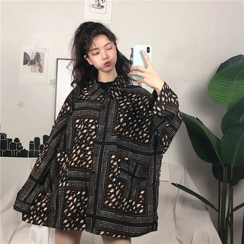 

Lychee Girls Leopard Print Shirts Women Square Collar Office Fashion Female Blouse Retro Long Sleeve Pockets Casual Lady Tops