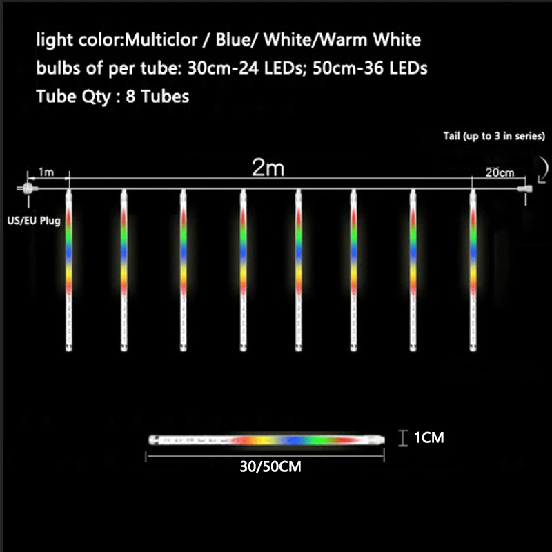 New Year 30cm 50cm Meteor Shower Rain 8 Tubes LED String Lights Waterproof For Outdoor Christmas Decor Tree With Plug Tail