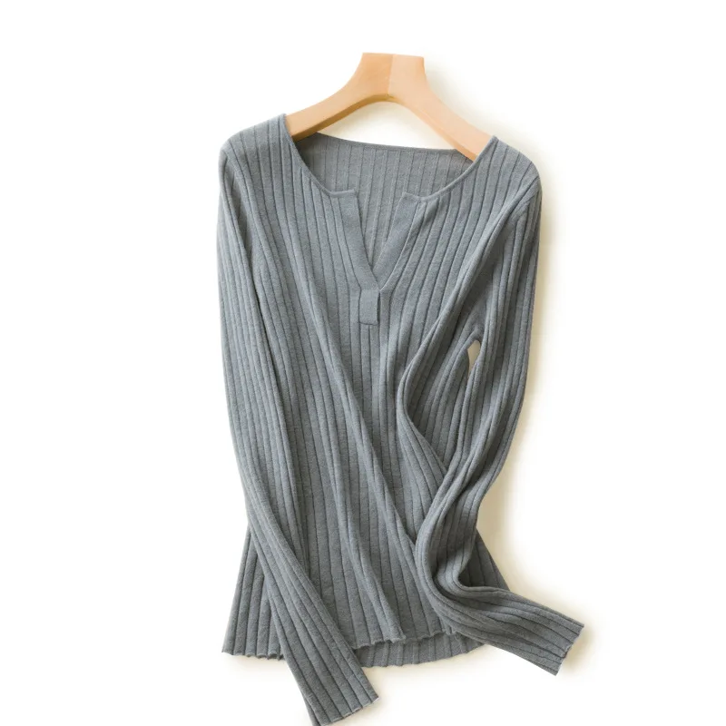Knitted 100% Wool Henley Sweater Women Ribbed Tops