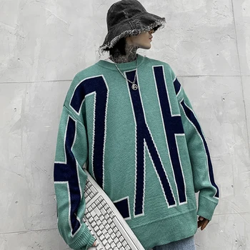 

Harajuku Knited Sweater Men Crew Neck Letter Print Loose Hip Hop Designer Crop Top Pullover Oversize Sweater for Men