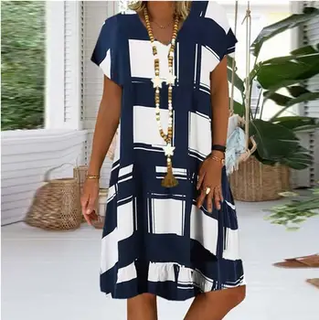 

2020 V-neck Striped Dots Print Party Dress Women Spring Summer Short Sleeve Dress Elegant Plus Size Patchwork Casual Dresses