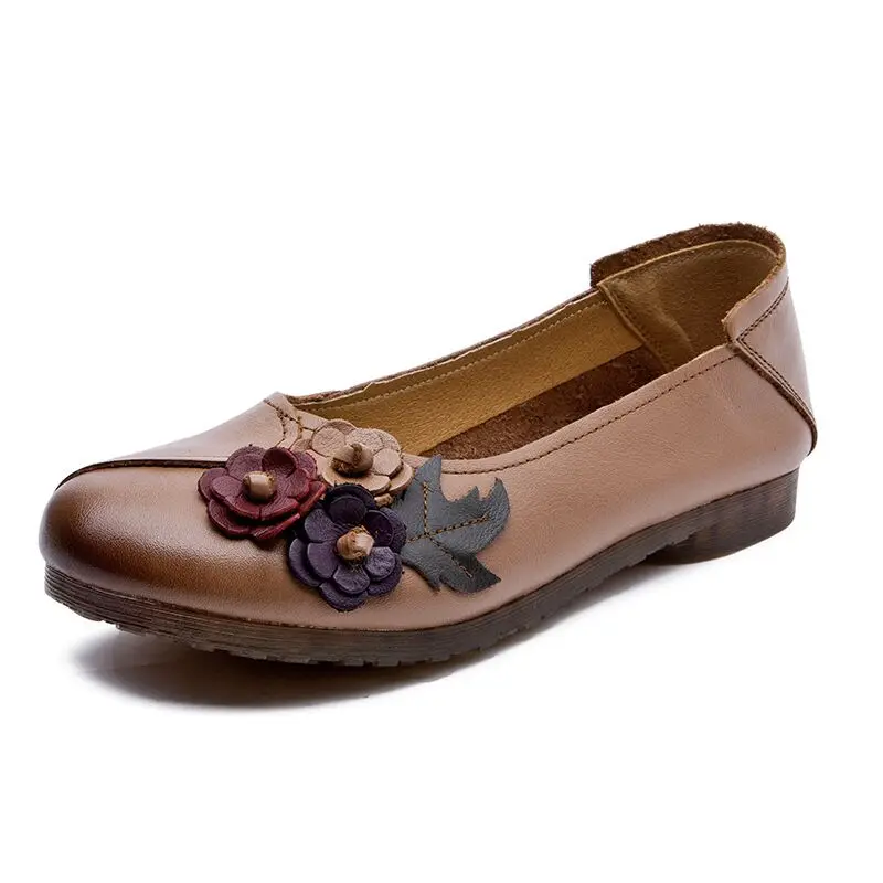 Size 41 Round Toe Women Genuine Leather Flats Autumn Slip On Floral Decor Leather Moccasins Shoes Woman Soft Casual Loafers Mom 