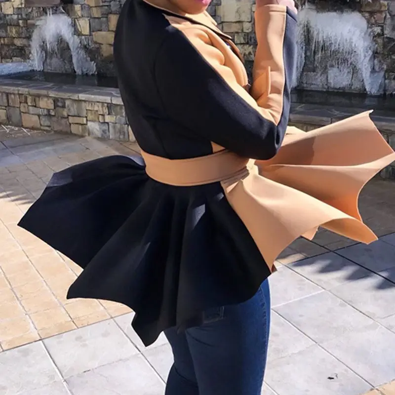 

Classic Fashion Color Block Women Autumn Jacket Coat Turn Down Collar Double Breasted Ladies Tunic Lace Up Office Short Outwear