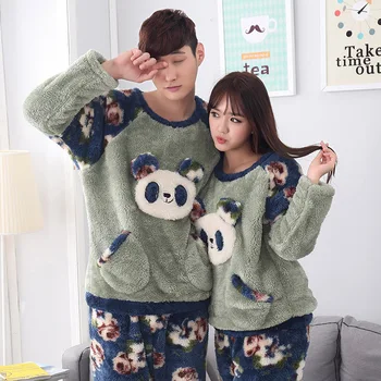 

Autumn Winter Lovers Flannel Pajamas Set Men Couple Christmas Warm Nightwear Coral Fleece Thick Elastic Waist Lounge Pyjama Set