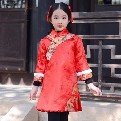 Chinese New Year Girls Traditional Cheongsam Winter Velvet Thicken Warm Kids Coat Pattern Printed Children Outwear 4-10T