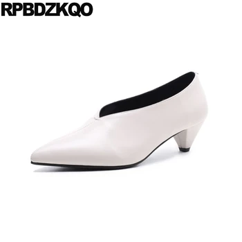 

beige black fashion shoes 2019 luxury women medium heels size 4 34 chunky slip on pumps thick genuine leather pointed toe casual