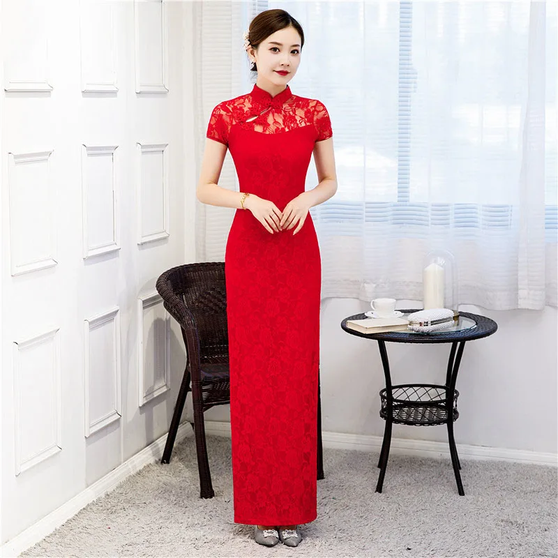 Women Cheongsam Short-sleeve Long Dress Costumes S To 5XL chinese dress