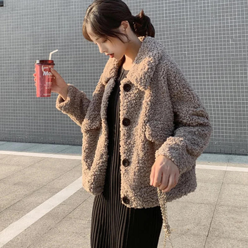 Новое поступление, осенне-зимние корейские модные женские свободные винтажные Короткие пальто из искусственного меха, плотные теплые повседневные куртки из овечьей шерсти S383