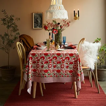 

The Yamuna red pink green floral flower linen table cloth christmas decorations for home table cover