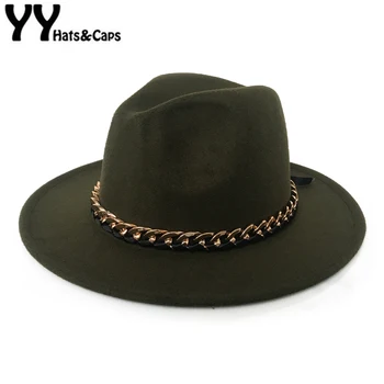 

YY Warm Panama Hat for Women Winter Church Felt Fedora With Gold Chain Men Flat Brim Jazz Cap Gangster Trilby Hats FD19019