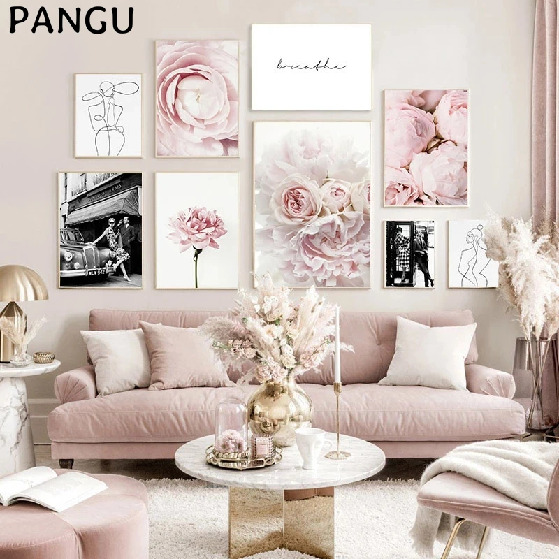 Pink and White Abstract  Nordic Poster Canvas Wall Pictures Living Room Decor 
