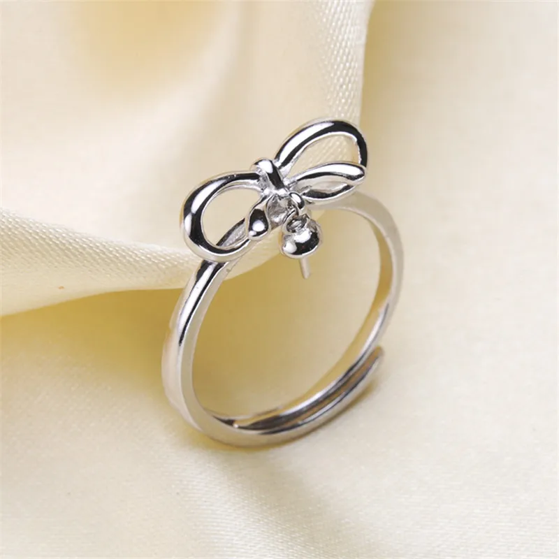 

925 Silver Plated Fashion bowknot Pearl Ring Accessory Adjustable Ring Making Mountings DIY Rings Jewelry Making women Gift