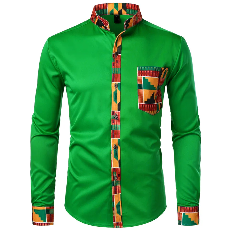 Мужская африканская рубашка Дашики, Стильная мужская рубашка в этническом стиле, черная рубашка со стоячим воротником, мужские повседневные облегающие Топы с длинным рукавом - Цвет: green