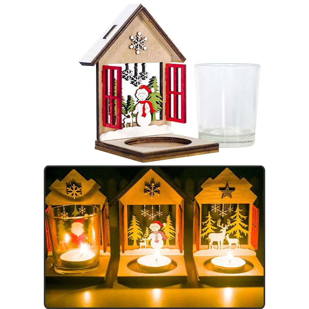 

Christmas Candlestick New Year Gifts Wooden Snowman Santa Claus Elk Candlestick Macaron Style Cabin Home Party Christmas Decor